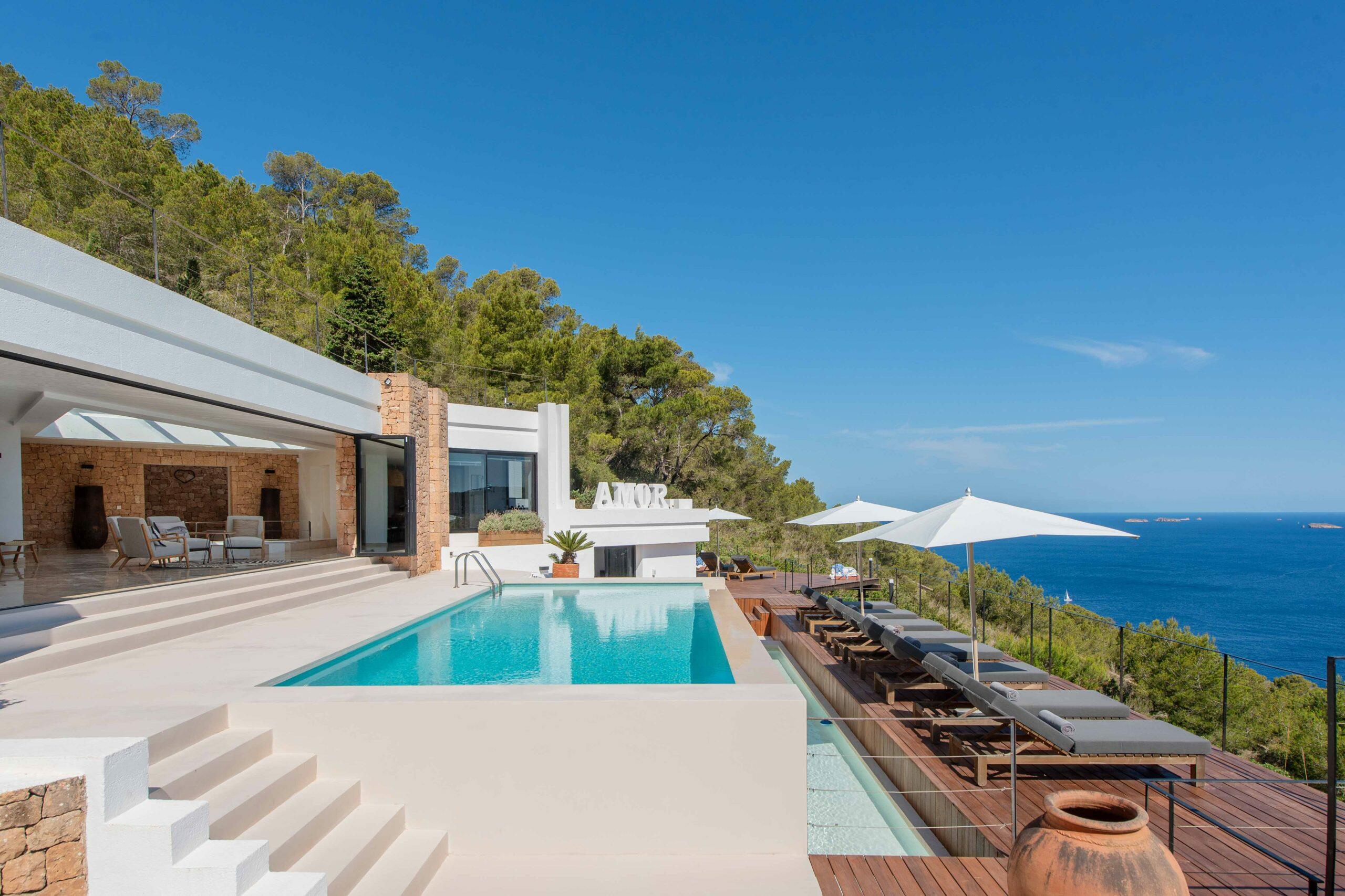 Villa in Ibiza with a swimming pool, sun terrace and Mediterranean Sea views.