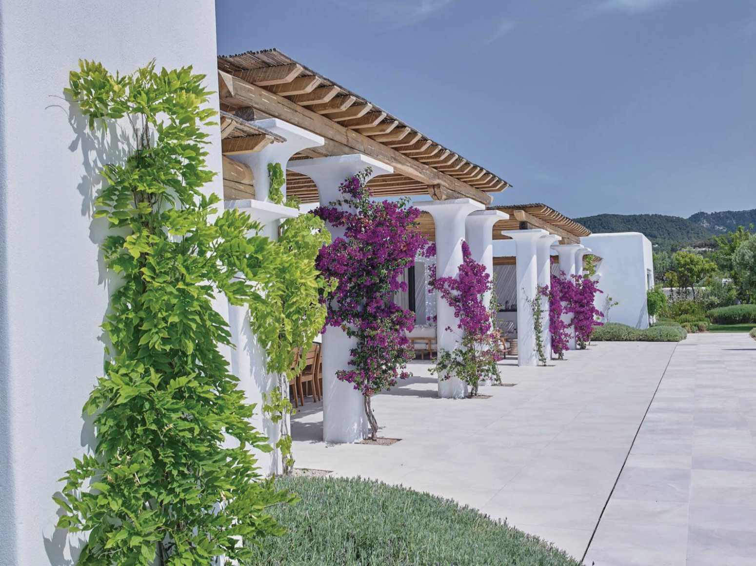Blakstad villa in Ibiza with whitewashed walls, timber pergolas, climbing bougainvillea and landscaped gardens.